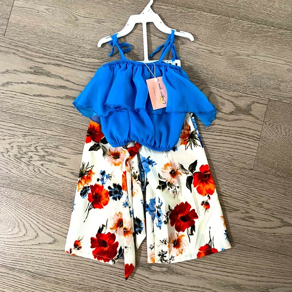 Toddler Girls Mia Belle Girls Blue & White Floral Flare Pant Set | Size 2T/3T - Picture 1 of 5